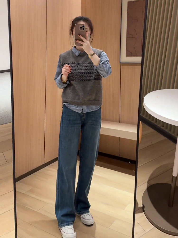 Retro Blue Narrow Wide Leg Jeans for Women, Spring and Autumn 2025 New Style, Petite, Loose and Slimming with Drape, Straight Cut