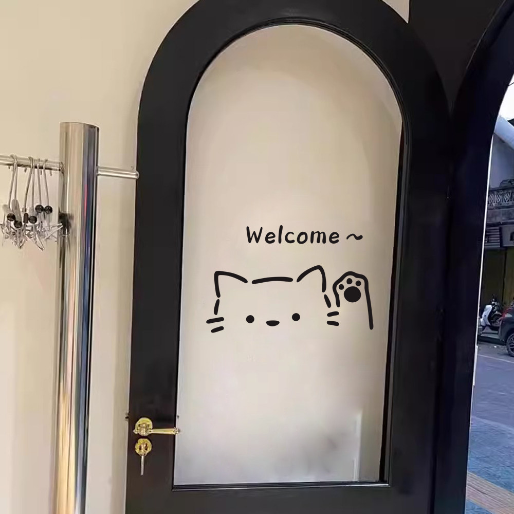 welcome猫咪玻璃门贴纸 咖啡服装宠物店橱窗门头装饰可爱防撞贴纸