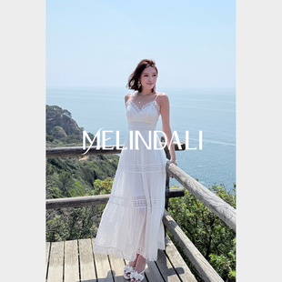 MELINDA LI【仙女麻】苎麻蕾丝拼接镂空花边白色吊带裙仙女裙长裙