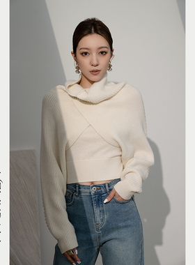 Melinda Li 【雪颂】秋冬出街羊毛镂空绞花高领套袖式披肩毛衣