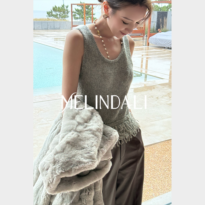 MELINDA LI【老钱新宠】梦颖私服珠片纱山羊绒桑蚕丝流苏毛衣背心