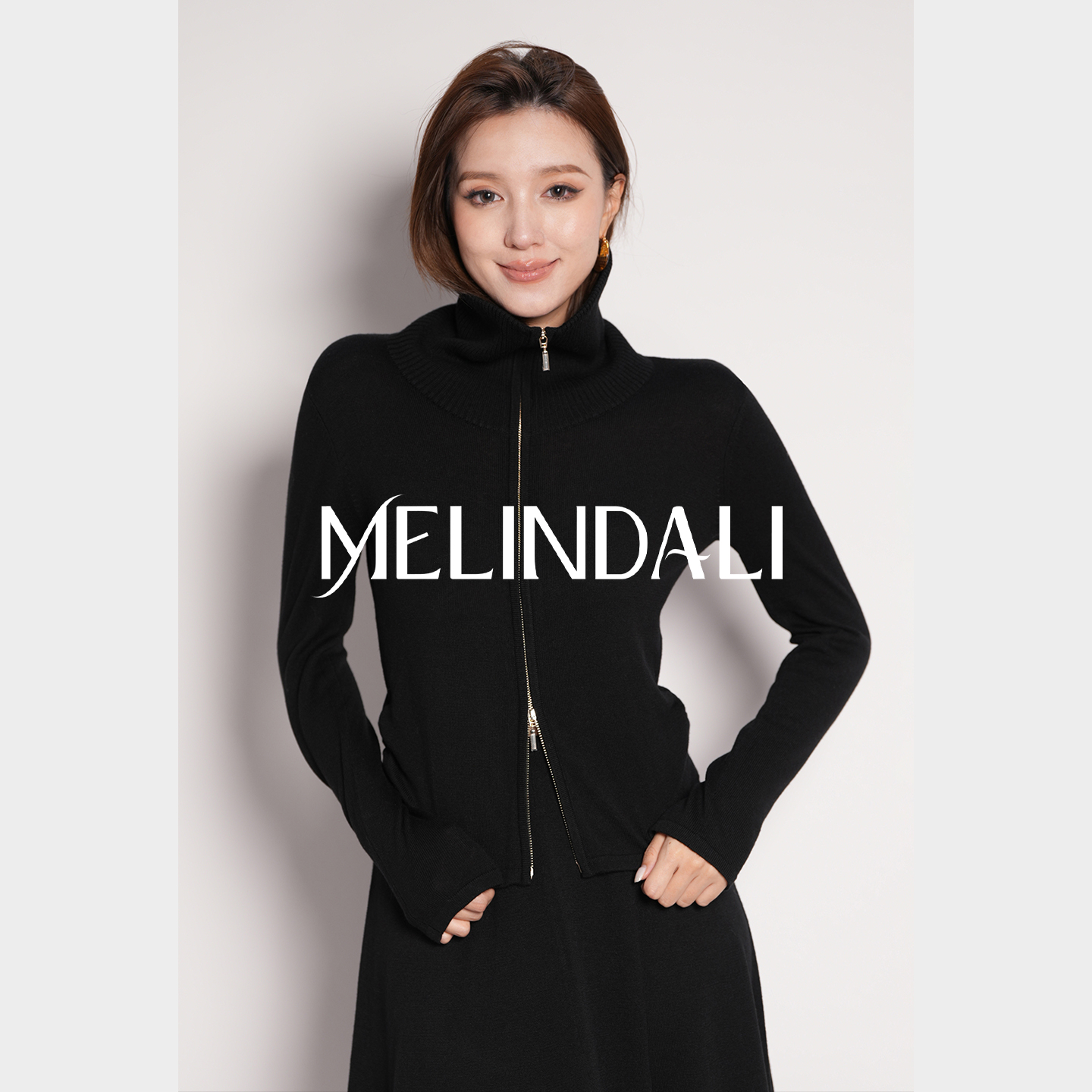 MELINDA LI【不费力精致】经典纸片人双拉链绵羊毛醋酸针织衫半裙