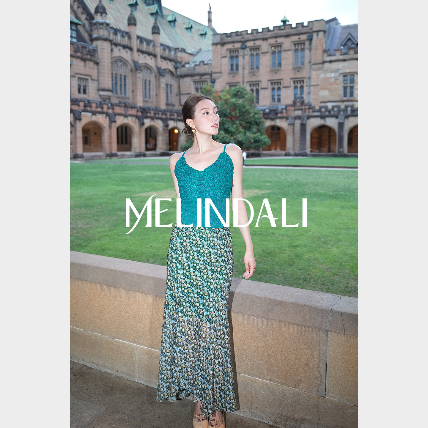 MELINDA LI【绿野莺飞】绿野金葱朦胧网纱45°斜裁修身鱼尾半裙