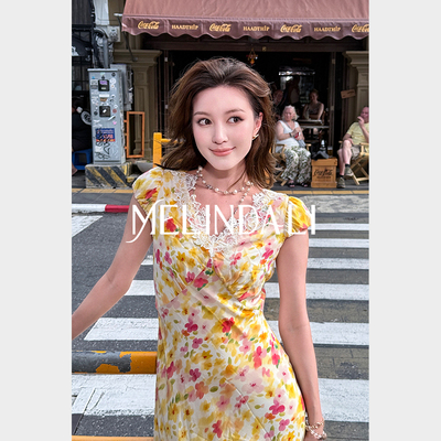 MELINDA LI【油彩玫瑰】法式16mm桑蚕丝人丝蕾丝斜裁印花连衣裙