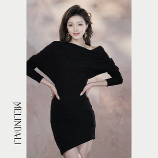 Melinda Li  【夜宴】法式轻奢风醋酸针织斜肩包臀长袖连衣裙