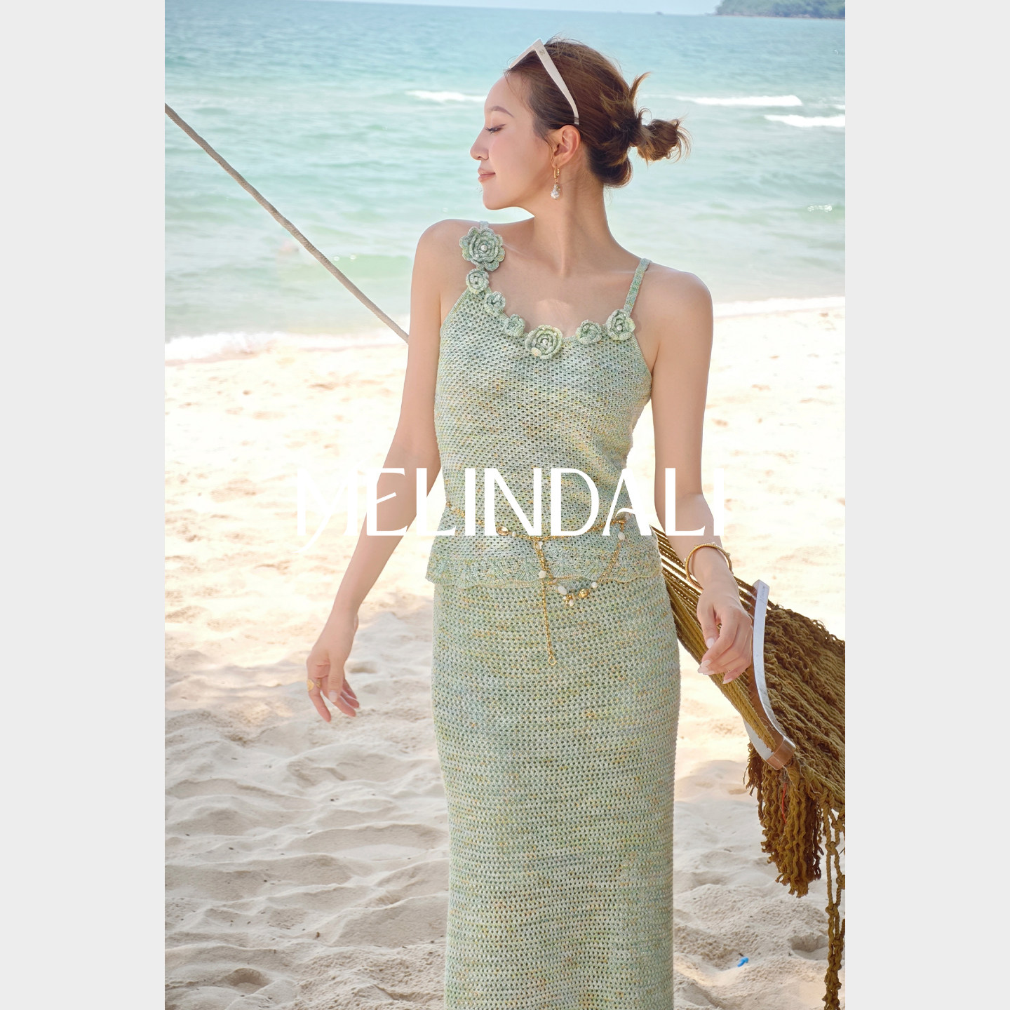 MELINDA LI【青青山茶】手工钩花法式花纱连衣裙针织吊带开衫半裙