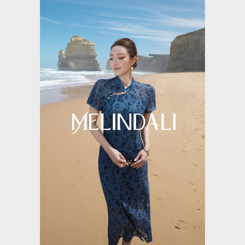 MELINDA LI【青瓷影】新中式国风小立领收腰显瘦短袖蕾丝旗袍裙