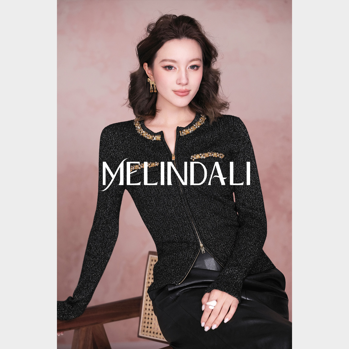 MELINDA LI【流星系列】MIU风绵羊毛金葱手缝钉珠织带拉链毛衣