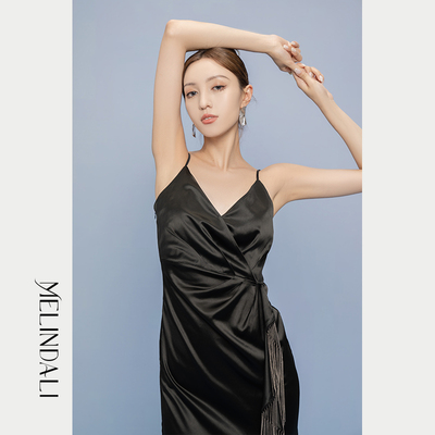 MelindaLi 重磅进口醋酸缎面吊带连衣裙夏轻礼服设计师小众晚礼服