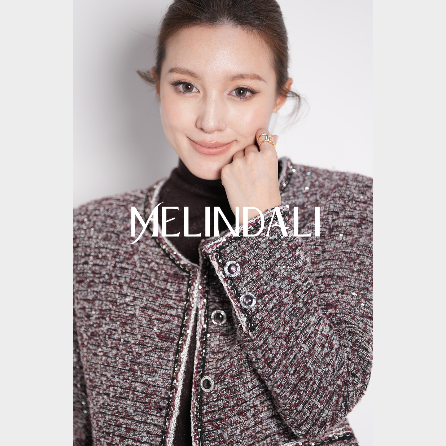 MELINDA LI【紫猫眼小香】亮片纱粗花呢正肩小香风外套短款半裙套