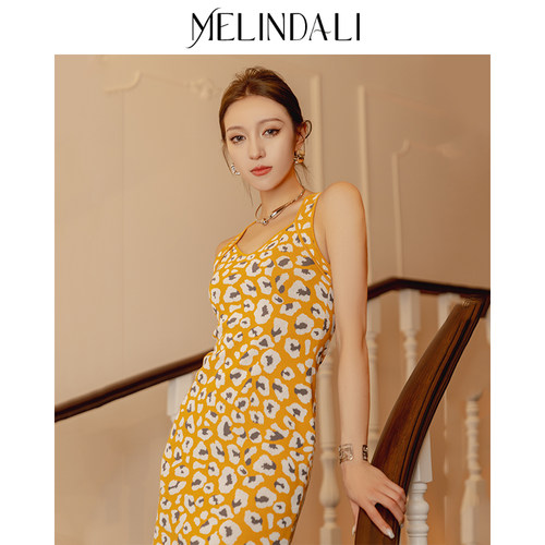 MelindaLi 高级感气质黄色波点吊带背心裙针织连衣裙
