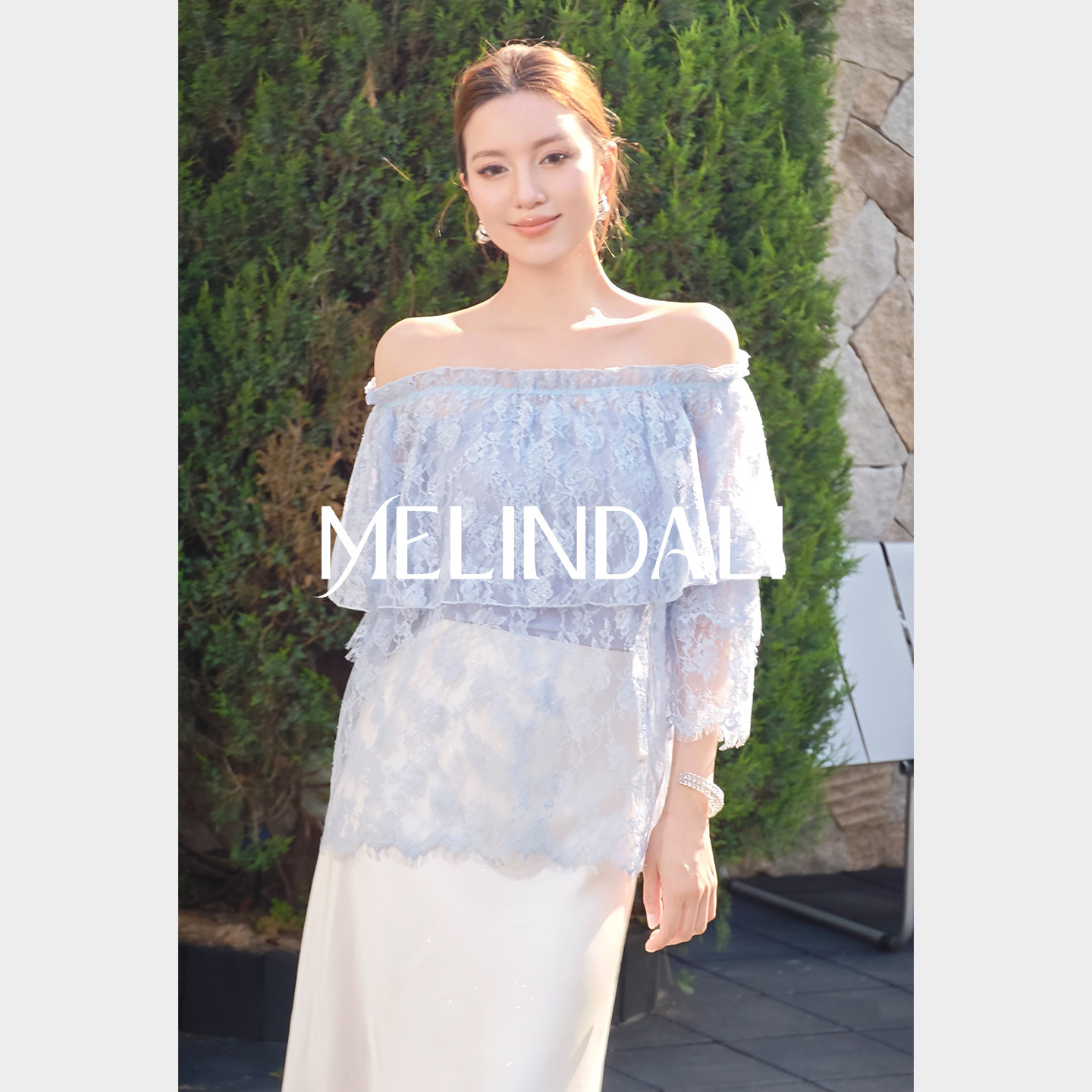 MELINDA LI【微风芭蕾】法式浪漫荷叶边蕾丝一字肩仙气长袖上衣
