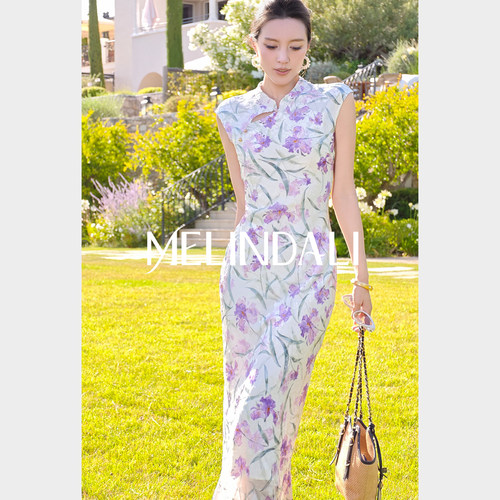 MELINDA LI【山茶贵女】新中式桑蚕丝丝绒烂花斜裁旗袍连衣裙