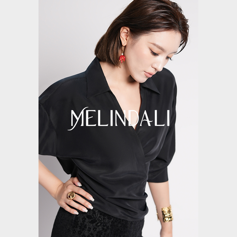MELINDA LI【优雅女绅】私服醋酸蚕丝交叠门襟收腰黑色长袖衬衫