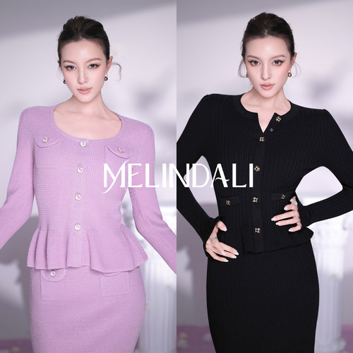 MELINDA LI【经典重现】法式复古荷叶边修身收腰针织衫鱼尾半裙套