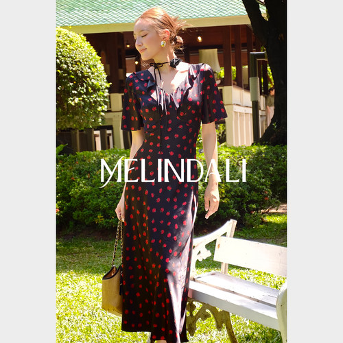 MELINDA LI【绿山墙安妮】16mm桑蚕丝玫瑰choker斜裁连衣裙夏
