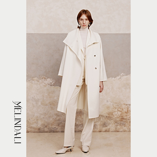 澳洲进口美丽诺羊毛烟囱领手工双面呢毛呢大衣 白鸟 Melinda