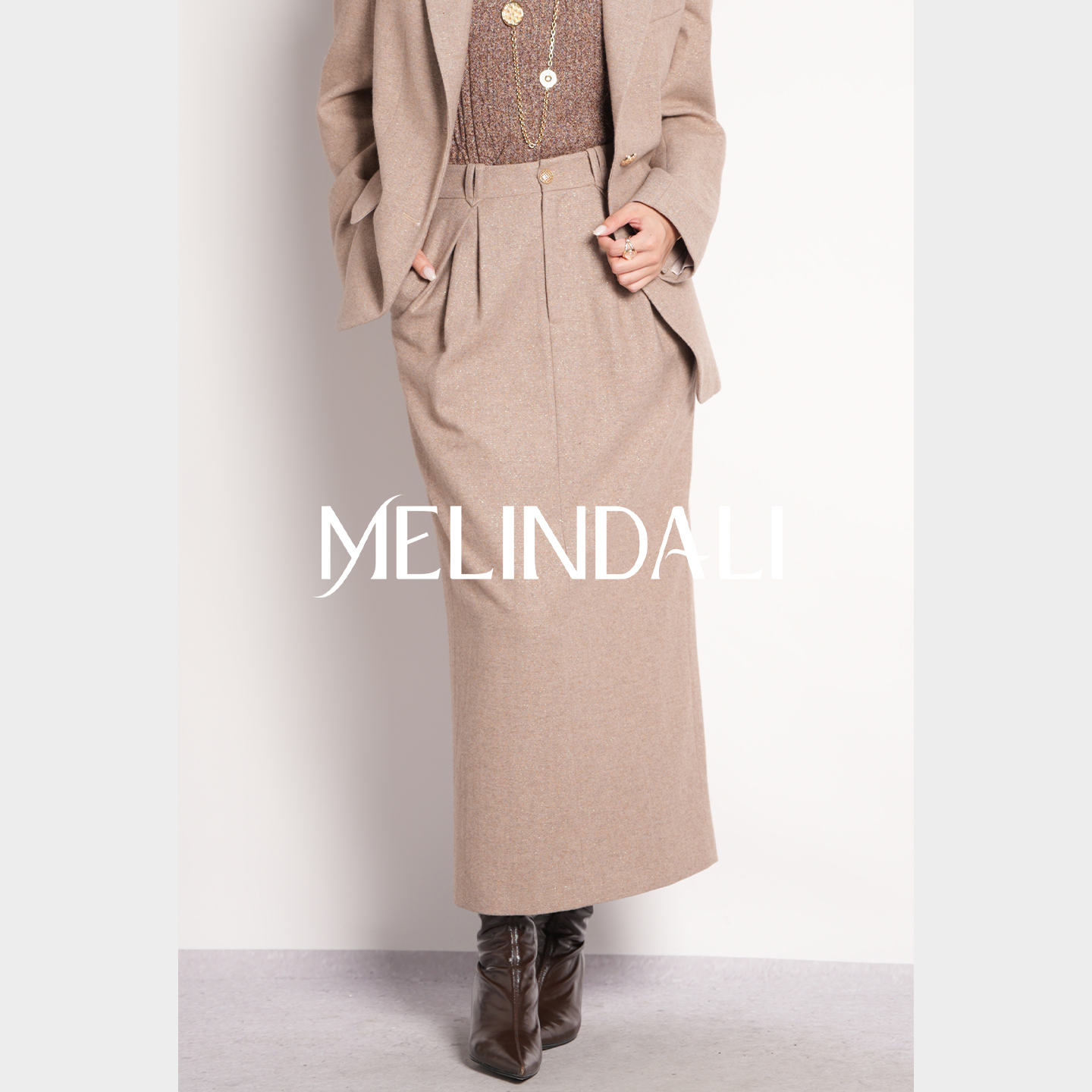 MELINDA LI【暖系流光】私服通勤金葱绵羊毛系腰带西装高腰半裙套