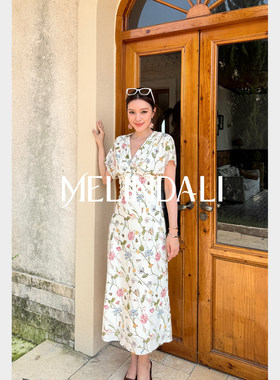 MELINDA LI【鲜花庄园】16姆米桑蚕丝人丝双绉V领半袖斜裁连衣裙