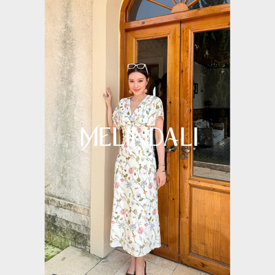 MELINDA LI【鲜花庄园】16姆米桑蚕丝人丝双绉V领半袖斜裁连衣裙