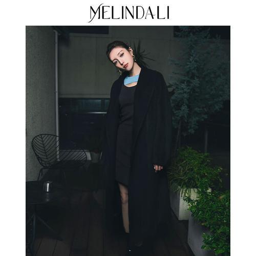 MELINDA LI冬季长毛苏力拼接黑色中长款欧美秋冬双面羊毛大衣女装
