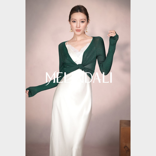 MELINDA LI【象牙塔】梦颖私服醋酸蕾丝斜裁收轻礼服腰吊带连衣裙