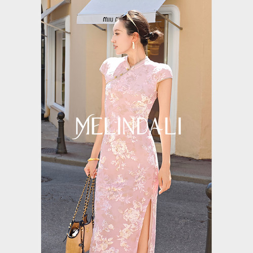 MELINDA LI【倾城紫金】新中式鎏金浮雕植绒小立领立裁旗袍连衣裙