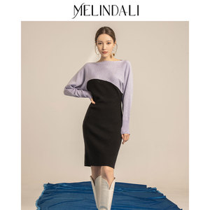MelindaLi 秋冬气质拼接设计感针织连衣裙女
