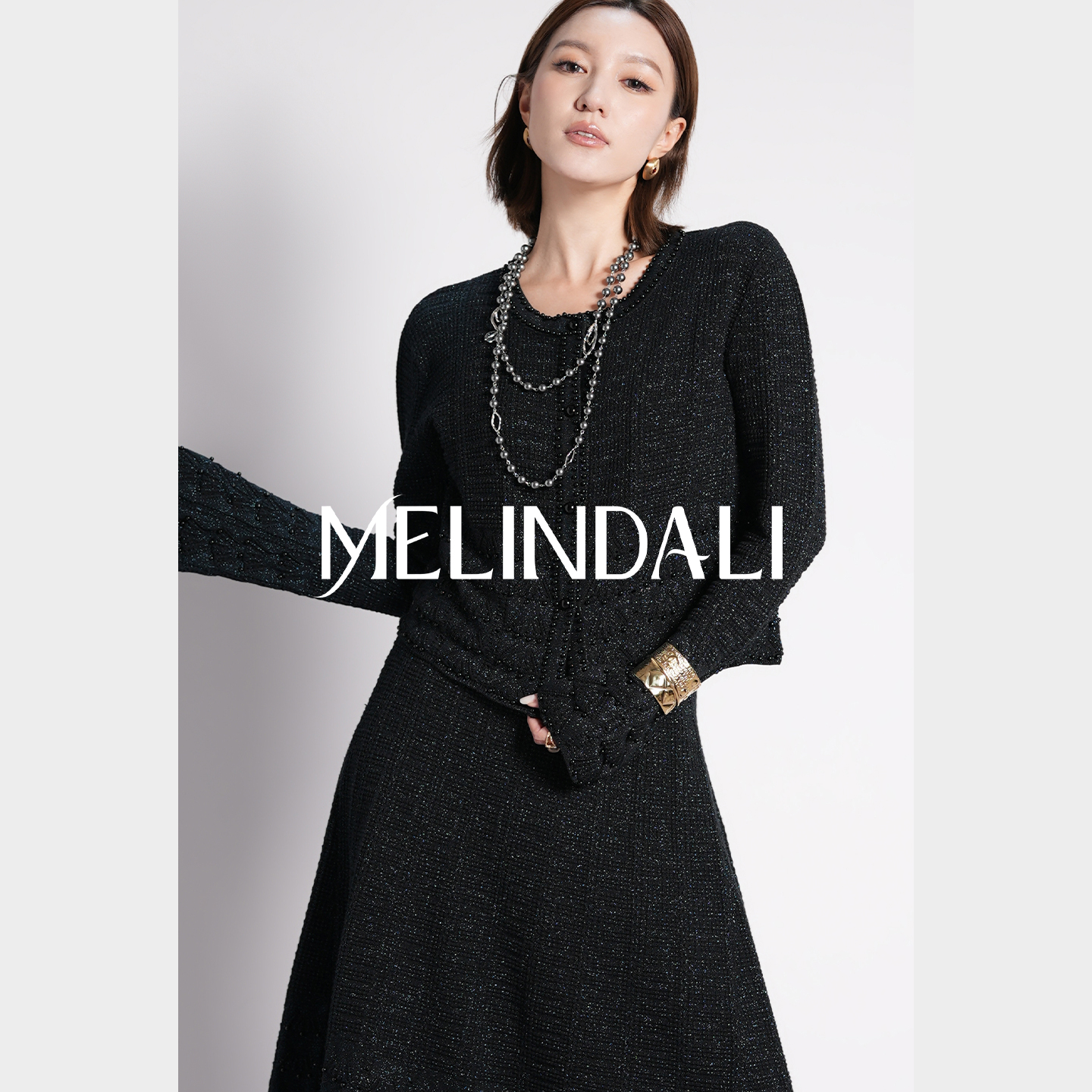 MELINDA LI【星河蓝】高级感星河蓝葱手工钉珠小香风开衫半裙套装