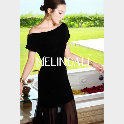 MELINDA LI【星空人鱼套】醋酸针织一字领连衣裙朦胧纱百褶鱼尾裙