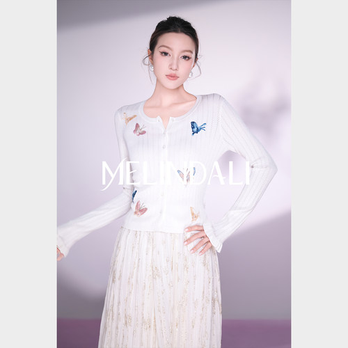 MELINDA LI【一身花香】浪漫蝴蝶彩线刺绣闪葱镂空针织荷叶边开衫