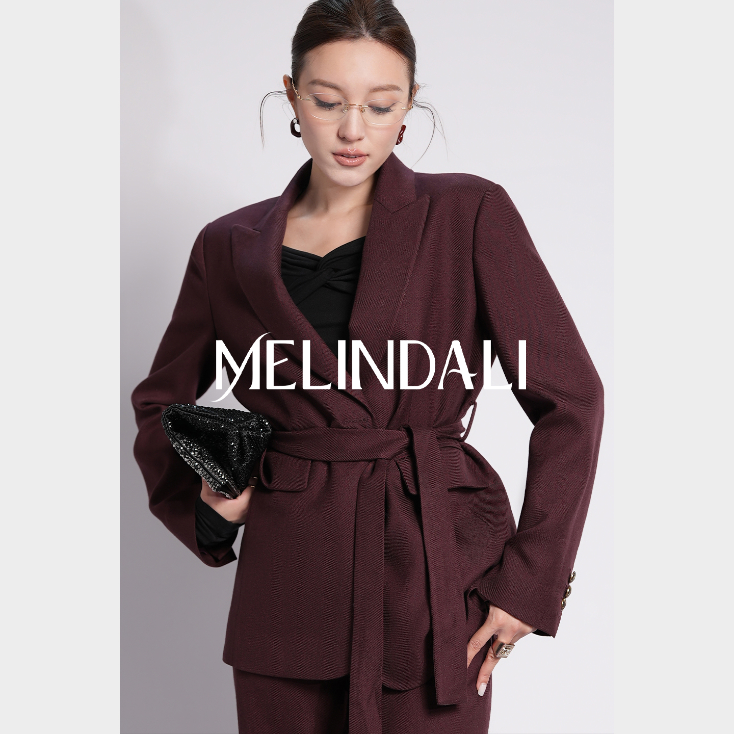 MELINDA LI【黑珍珠】法式通勤风斜纹毛料戗驳领西装阔腿裤套装