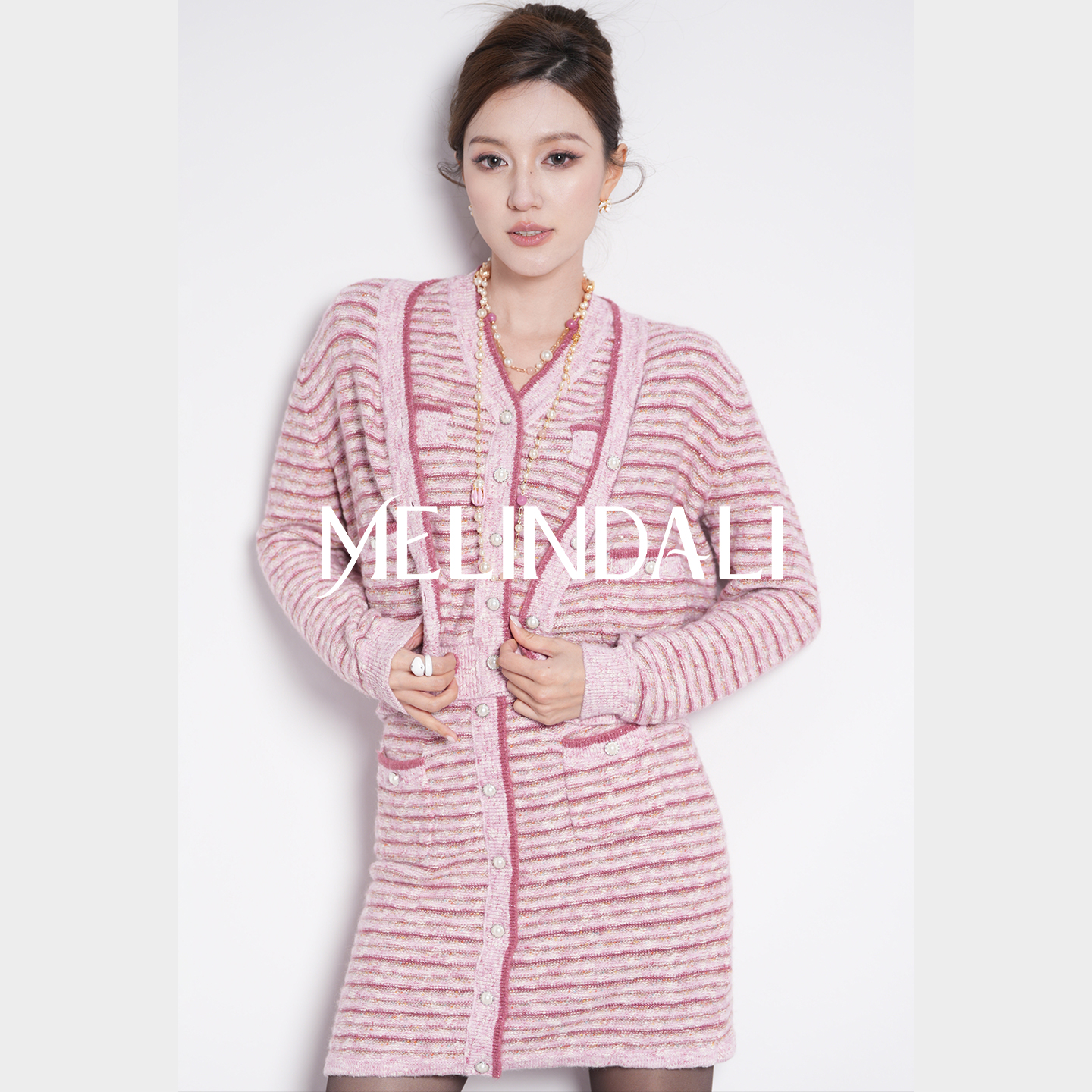 MELINDA LI【新贵老钱香】彩宝条纹高智小香风针织背心开衫半裙套