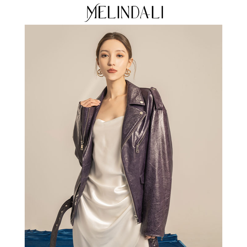 MelindaLi秋季时尚设计气质新款裂纹机车真皮设计师羊皮夹克女装