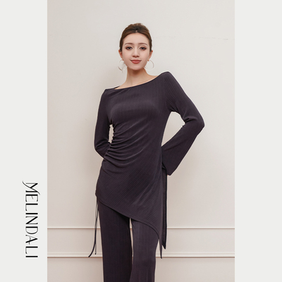 MelindaLi 【如一】不对称下摆压褶醋酸T恤上衣女休闲长裤薄套装