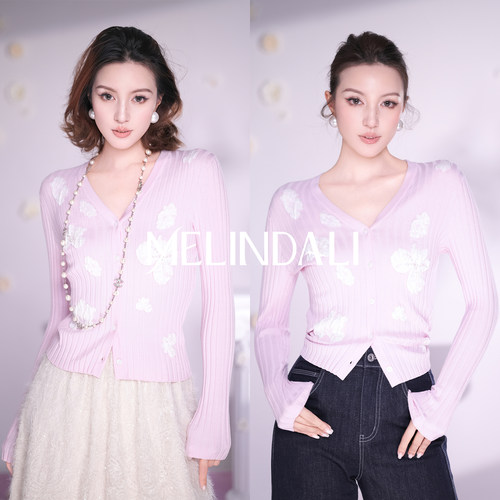MELINDA LI【西西里花园】莱赛尔手工珠绣提花坑条显瘦针织开衫秋