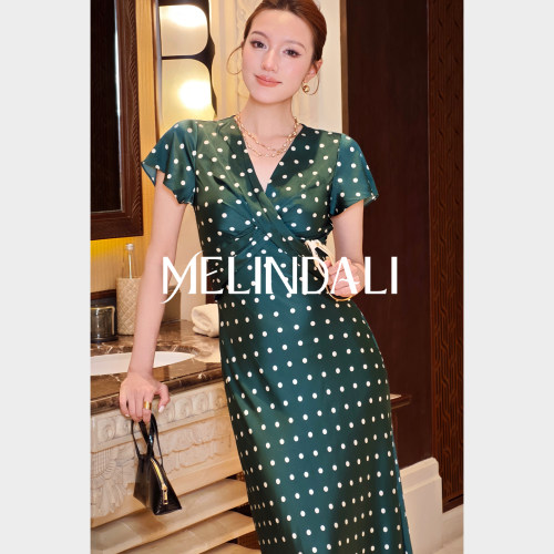 MELINDA LI【祖母绿波点】法式19姆米桑蚕丝人丝斜裁收腰连衣裙夏