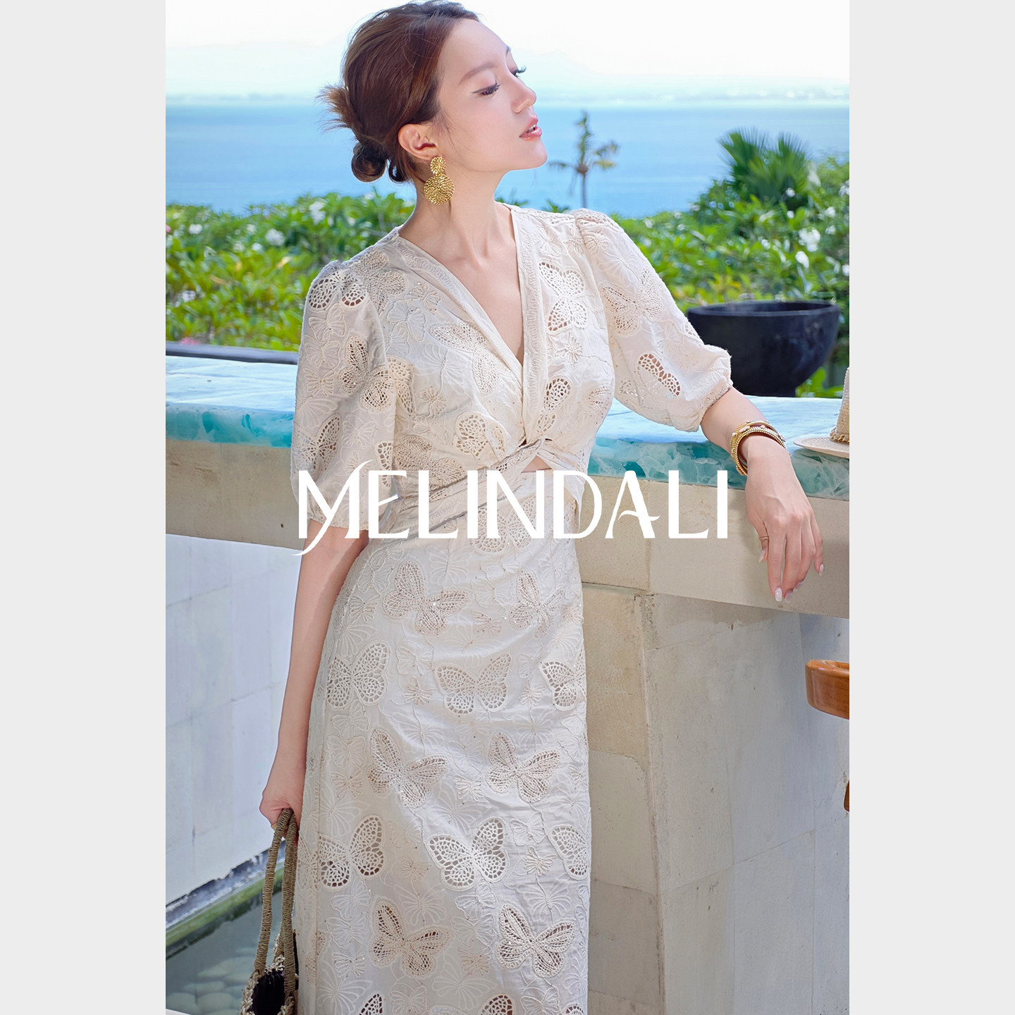 MELINDA LI【曼哈顿蝶影】精梳棉热熔绣花镂空泡泡袖收腰连衣裙