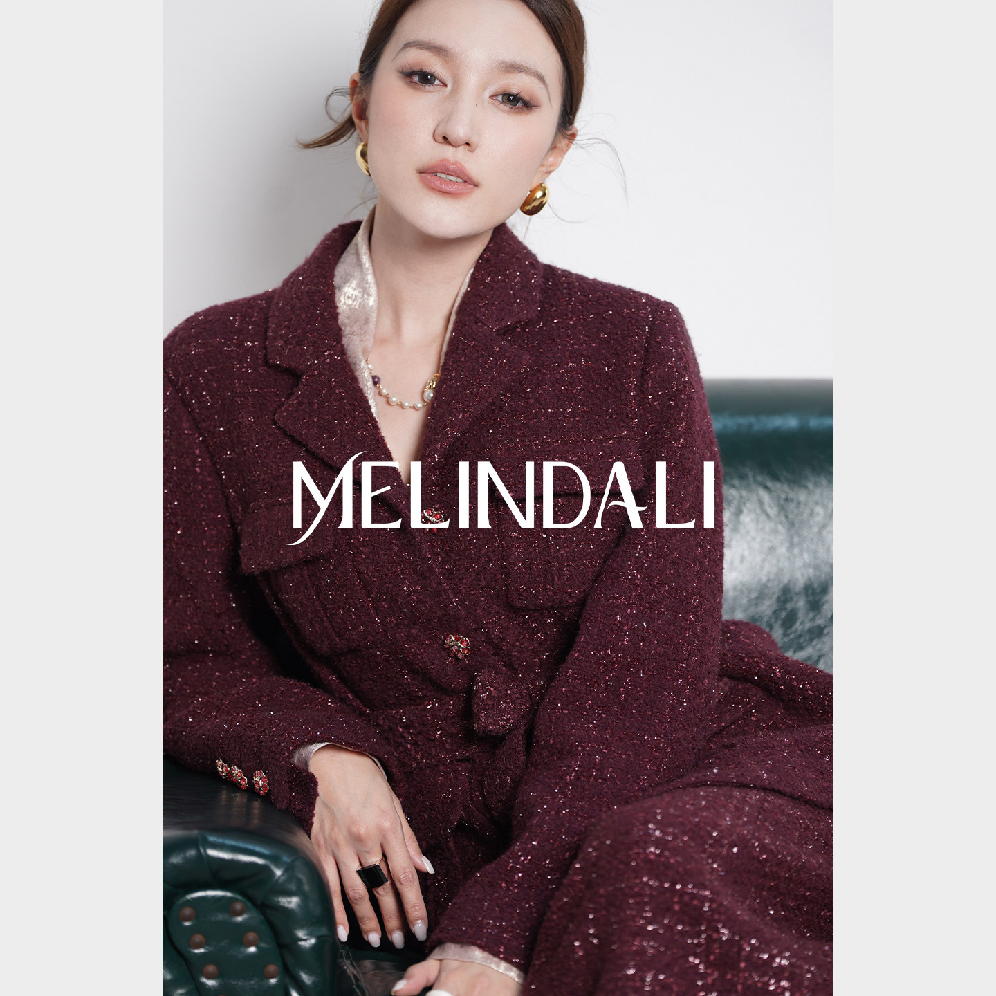 MELINDA LI【红宝石小香】金葱绵羊毛亮闪粗花呢西装小香外套长裙
