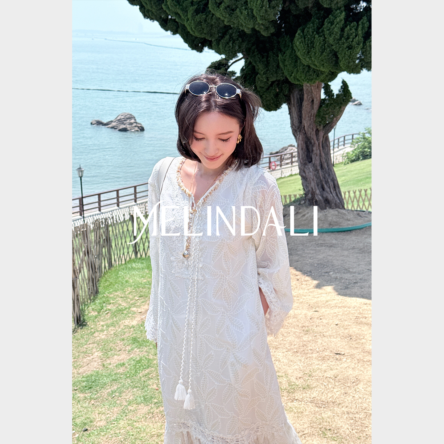 MELINDA LI【松弛贵雅】私服金丝绣花珠钻织带蕾丝长袖出游连衣裙