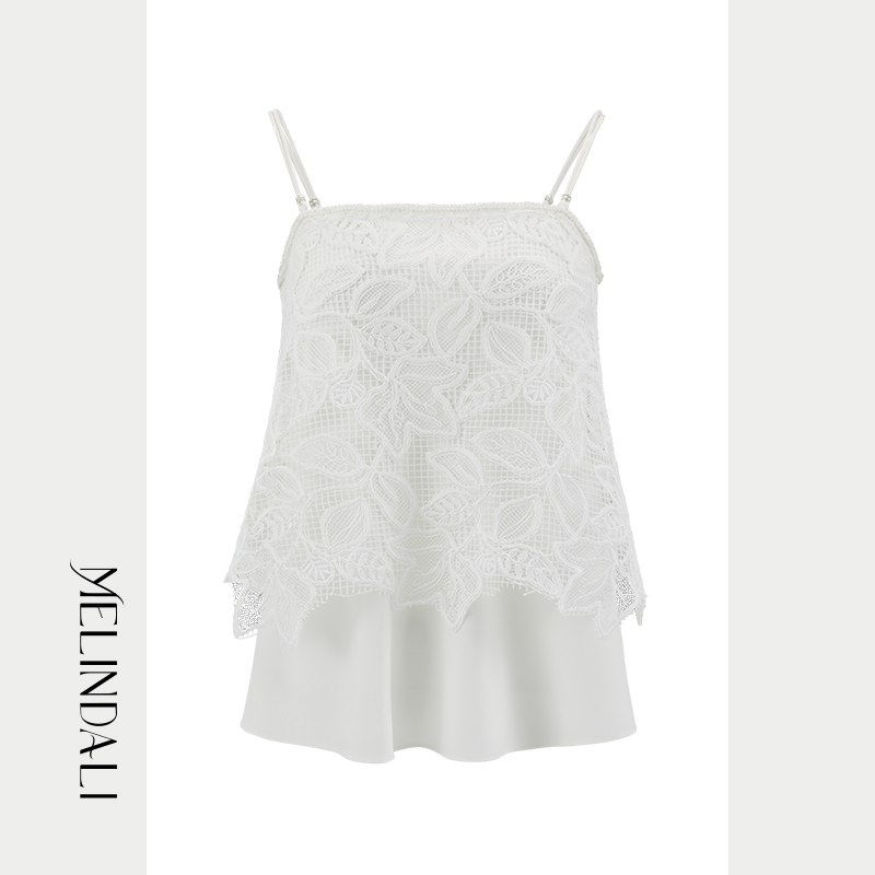 MELINDA LI【小苍兰】时尚立体浮雕质感花卉镂空蕾丝双层吊带上衣