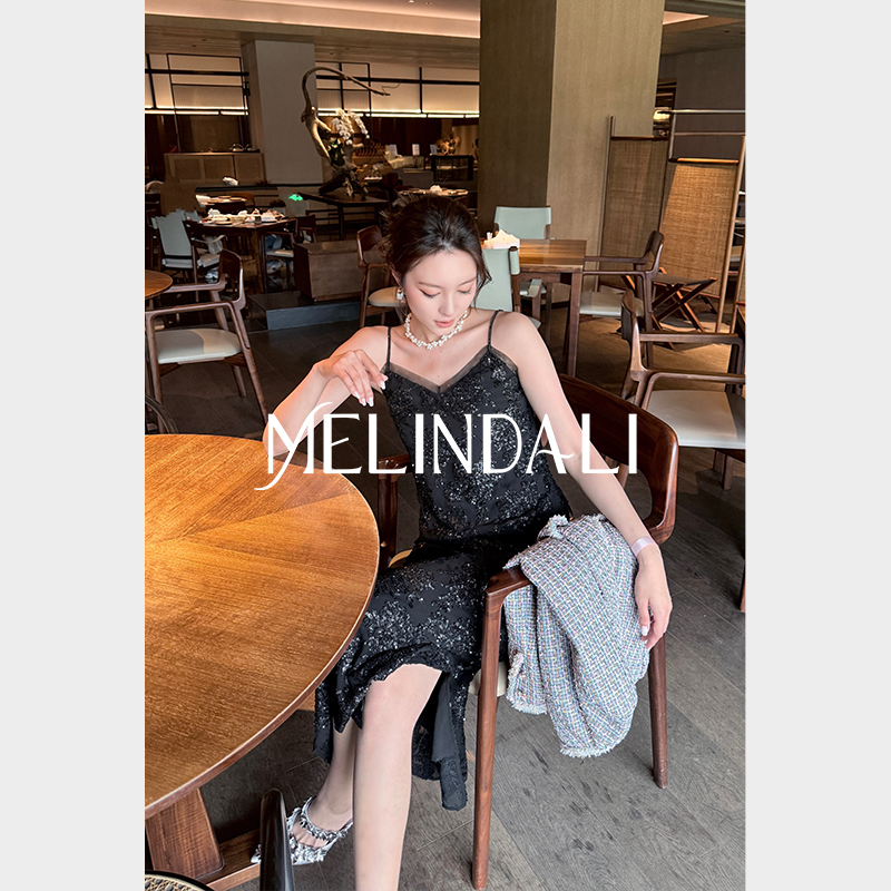 MELINDA LI【夜色蔷薇】法式优雅重工珠片花卉刺绣吊带裙礼服套装