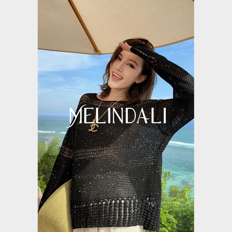 MELINDA LI【星夜】法式慵懒2/9支细闪珠片纱镂空圆领宽松毛衣