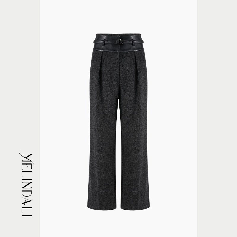 MelindaLi腰头PU皮拼接裤子