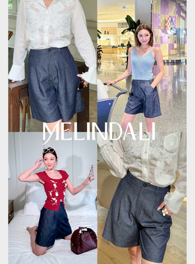 MELINDA LI【温网系】天丝亚麻凉感高腰复古仿牛仔老钱风五分短裤