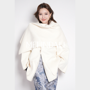 Melinda Li 【极地雪夜】美丽诺澳毛斗篷双面呢大衣手工包边毛呢