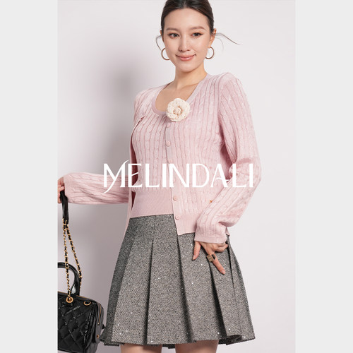 MELINDA LI【东海岸】梦颖私服复古木玫瑰粉绞花针织开衫背心套装