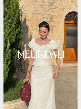 MELINDA LI【初秋白】夏季一衣两穿蕾丝泡泡袖收腰上衣半裙套装