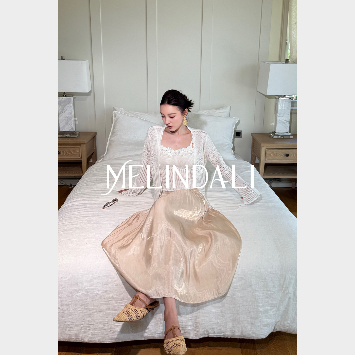MELINDA LI【茶金人鱼】水光缎_司马克流光褶裥高腰A字伞裙半身裙