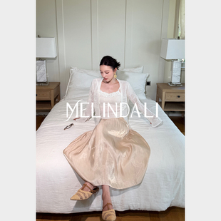 MELINDA 水光缎_司马克流光褶裥高腰A字伞裙半身裙 茶金人鱼